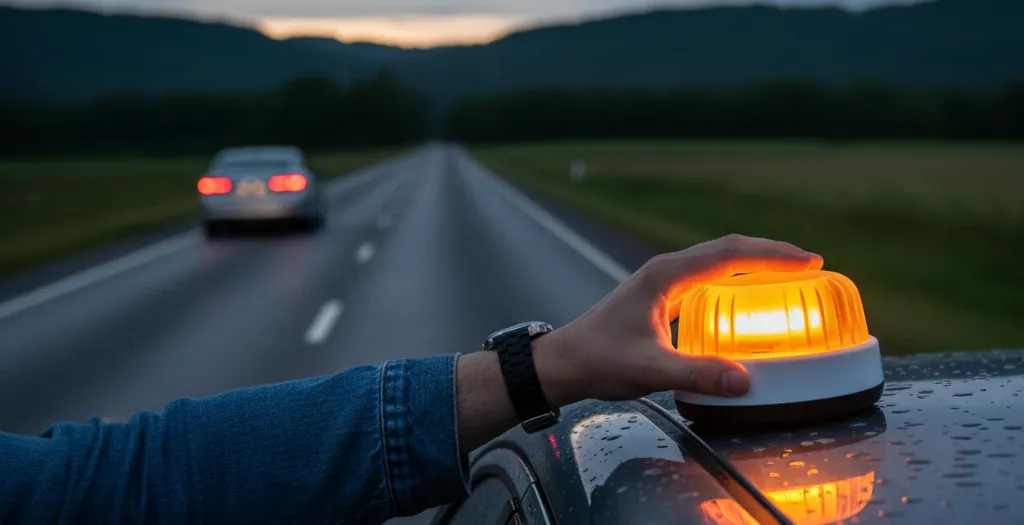 Die V16-Warnleuchte wird aufs Dach gesetzt.