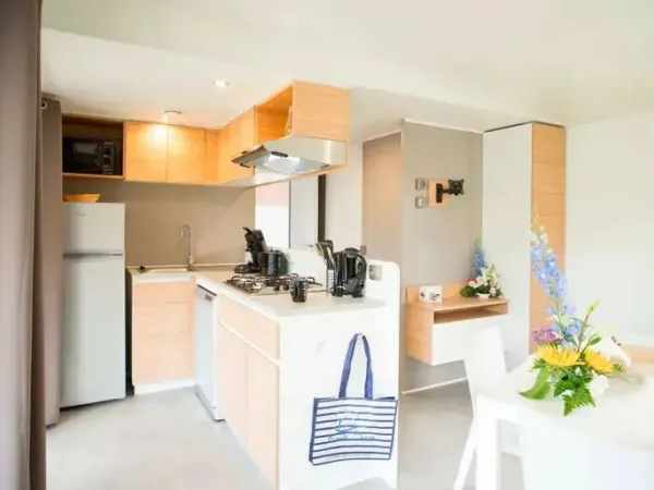 Die Küche und das Wohnzimmer des Roan Mobilheims Supreme mit 2 Bädern.