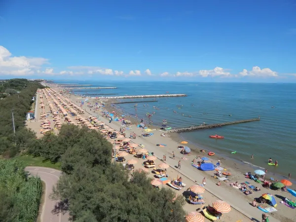 Strand mit Liegestühlen und Sonnenschirmen auf dem Campingplatz Roan Pra'delle Torri.