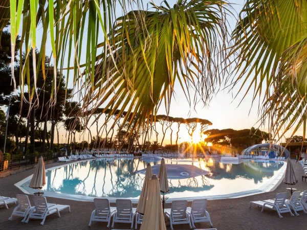 Abendsonne über dem Pool des Roan Camping hu Park Albatros Village.