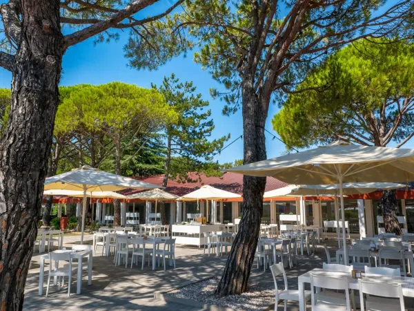 Terrasse mit Schatten auf dem Campingplatz Roan Marina Julia Camping Village.