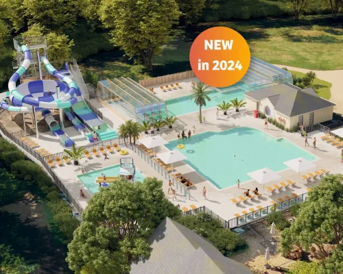 Übersicht über das neue Schwimmbad 2024 auf dem Campingplatz Domaine de la Brèche in Roan.